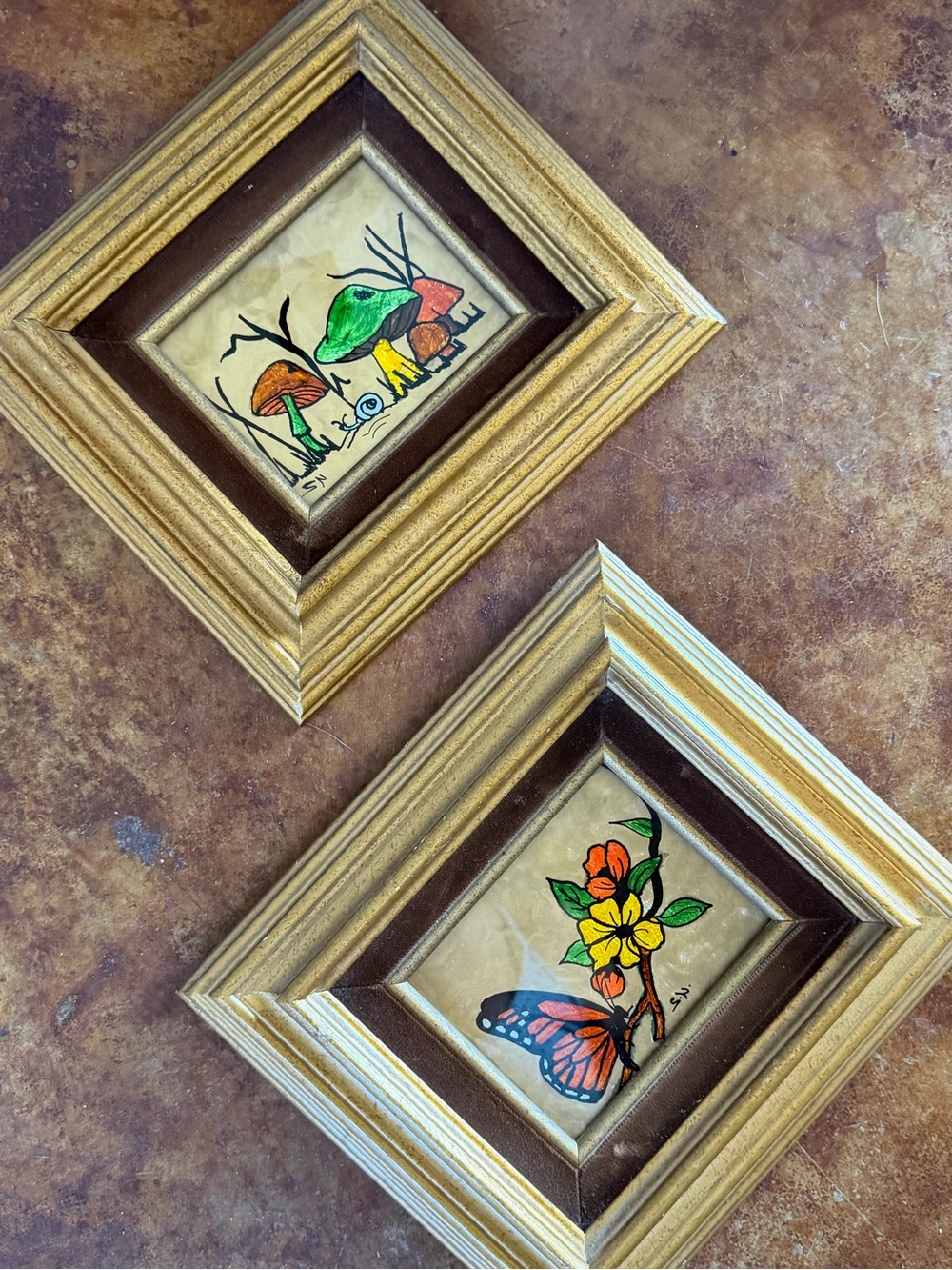 Set of 2 Gold Framed (foiled art) Mushroom & Butterfly Tiles